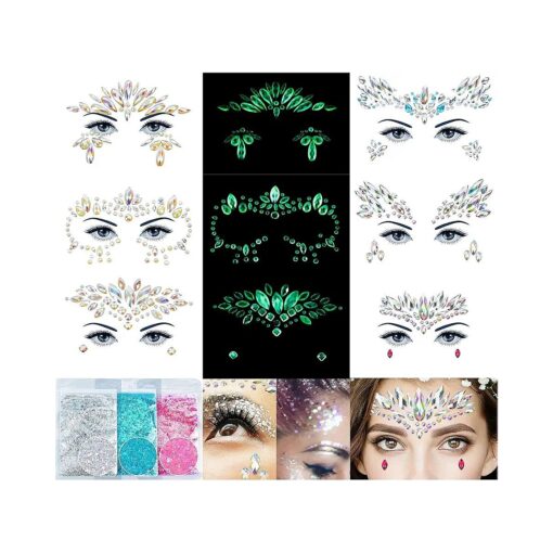 Face Gems 6Sheets Face Jewels Stick On Rhinestones Stickers 30g Chunky Glitter, Gemstones Temporary Tattoo Gifts For Women, Festival Rave Outfit Euphoria Accessories ( 3Luminous )