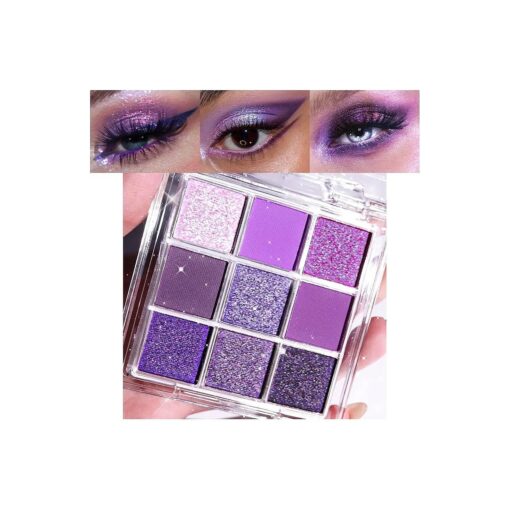 evpct 9 Colors Purple Pink Lavender Glitter Shimmer Matte Eye Shadow Palette Makeup Highly Pigmented Waterproof Violet Mauve Dark Purple Silver Pearl White Shimmer Sparkling Party Eyeshadow Palette