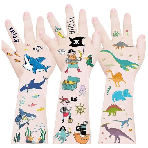 Dinosaur Temporary Tattoos for Kids,9 Sheets Dinosaur Shark Pirate Waterproof Fake Tattoo Body Decoration DIY Crafts for Kids Boys Girls Birthday Gifts Ocean Themed Party Favor Supplies