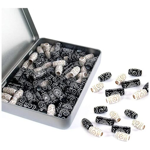 90PCS Black White Braid Dreadlock Beads Flower Paint Tube Beads Hair Jewerly Accessories for Braids Barrel Beads ( Black & White )