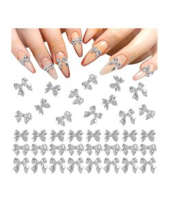 90Pcs Silver Bow Nail Charm 3 Styles Bowknot Nail Bows Glitter Acrylic Pearls Kawaii Valentines Wedding Prom Decoration for Women Girls Mobile Phone Scrapbook Envelope Hair Clips Cards Making