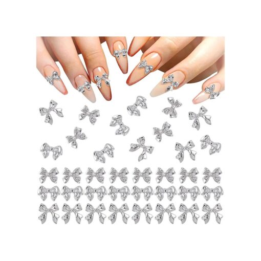 90Pcs Silver Bow Nail Charm 3 Styles Bowknot Nail Bows Glitter Acrylic Pearls Kawaii Valentines Wedding Prom Decoration for Women Girls Mobile Phone Scrapbook Envelope Hair Clips Cards Making