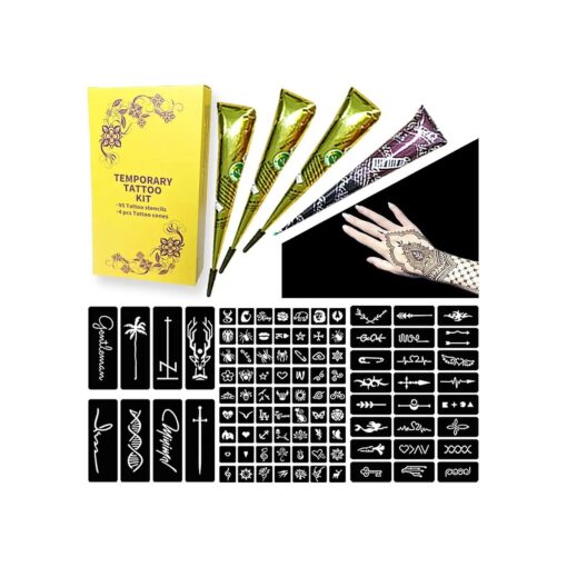 95 Pcs 3 Pages Tattoo Stencils,4 Pcs 3 Color Temporary Tattoo Kit, Black Brown Maroon