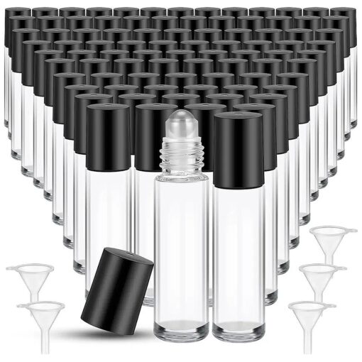 96 Pcs Essential Oil Roller Bottles 10ml Empty Glass Roller Bottles with Stainless Steel Roller Balls Protection Leakproof with 5 Funnel for Travel Perfume Lip Gloss ( Clear, Black Lid )