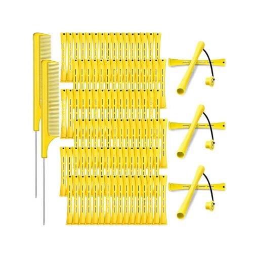 96 Pieces Hair Perm Rods, Cold Wave Rods Plastic Perming Rods Heatless Curlers Rollers with 2 Steel Pintail Comb Rat Tail Comb for Hairdressing Styling Tools ( Yellow,0.28 Inch/ 0.7 cm )