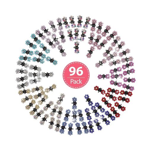 96 Pieces Mini Hair Claw Clips Rhinestone Mini Flower Hair Claw Clip No-Slip Jaw Clips Metal Clamps Mix Colored Flower Accessories for Women Girls