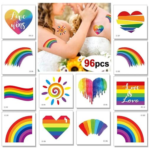 Konsait 96 Sheets Pride Temporary Tattoos, Vibrant Flag Heart Rainbow Tattoos, Waterproof Body Face Pride Makeup Tattoos for Kids Man Women, Pride Party Favors, Pride Equality Parades Celebrations