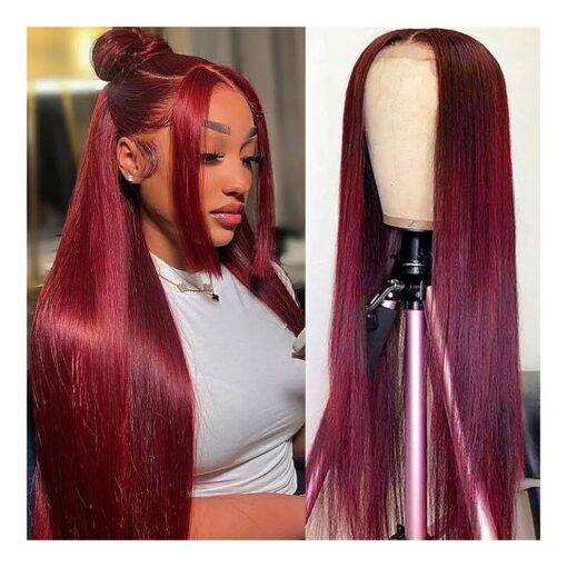 99J Burgundy Lace Front Wigs Human Hair Pre PluckedHairline Glueless 180 % Density 13x4 HD Transparent Wigs for Women Human Hair with Baby Hair Wine Red Colored ( 24 inch, 99j )