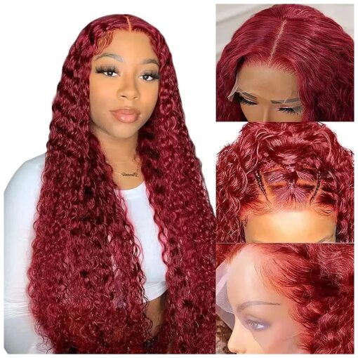 13x4 99J Lace Front Wigs for Women Burgundy Deep Wave Lace Front Wigs Human Hair Pre Plukced with Baby Hair Red Colored Deep Curly Human Hair Wigs 150 % Density