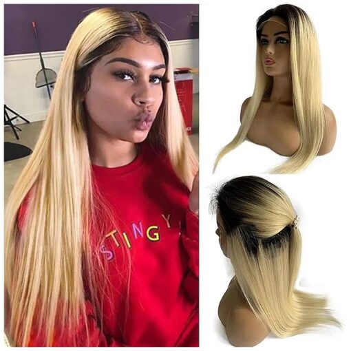 4x4 Lace Closure Wigs Ombre Human Hair # 1B/613 Blonde Pre Plucked Hairline with Baby Hair 150 % Density 9A Brazilian Remy Hair Lace Front Wigs for Women Dark Roots Colored 12 inch Lace Closure Wigs