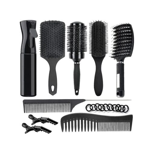 9PCS Hair Brush Set Round Brush and Paddle Hair Brush Great On Wet Long Thick Hair, Detangling Brush and Spray Bottle for Wavy Curly Hair, Meet Your Family 's Daily Hair Care Needs Black