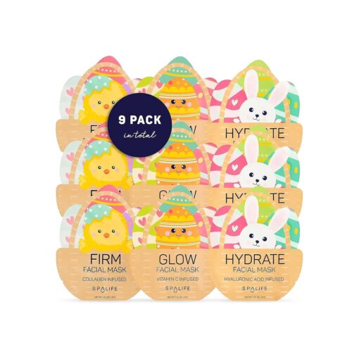 SpaLife Spring & Easter Facial Masks ( 9Pack ) - Hyaluronic Acid, Collagen, Vitamin C Infused - Reduces Dark Circles, Hydrates, Firms Skin - Skin Care Masks for Puffiness, Fine Lines & Wrinkles