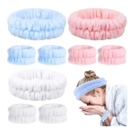 Chuangdi 9 Pcs Reusable Spa Headband Wrist Washband Face Wash Set Include 3 Microfiber Headband 6 Wrist Washband for Women Girls Avoid Liquid from Spilling Down Arms ( White, Pink, Blue, Fresh Style )