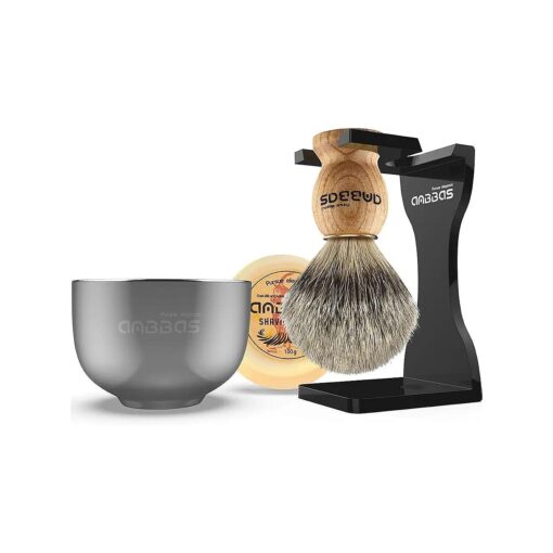 Anbbas Shaving Set, 4in1 Pure Badger Hair Shaving Brush Solid Manchurian Ash Wood Handle, Black Broken-Resistant Acrylic Shaving Stand, Stainless Steel Shaving Bowl Dia 3.2 inch and Goat Milk Soap 100g