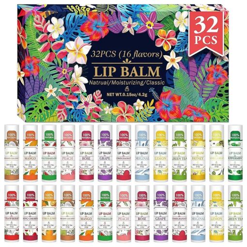 32 Pack Lip Balm, Natural Lip Balm Bulk with Vitamin E and Coconut Oil, Hydrating Lip Balm for Dry Lips, Bulk Lip Balm for Stocking Stuffers - 16 Flavors