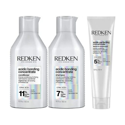 Redken Bonding Shampoo, Conditioner, & Leave-In Treatment Set for Damaged Hair | Acidic Bonding Concentrate | Repair and Strengthen Weak Hair Bonds | For All Hair Types | 10.1 Fl Oz