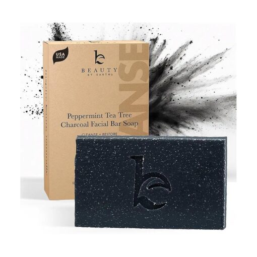 Beauty by Earth Charcoal Face Wash Bar Soap - Peppermint Tea Tree Soap Bar Facial Cleanser for Oily Skin, Black Soap Face Cleanser, Acne Cleanser, Acne Face Wash, Women & Mens Face