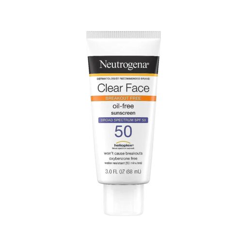 Neutrogena Clear Face Liquid Lotion Sunscreen for Acne-Prone Skin, Broad Spectrum SPF 50 UVA/UVB Protection, Oil-, Fragrance- & Oxybenzone-Free Facial Sunscreen, Non-Comedogenic, 3 fl, oz