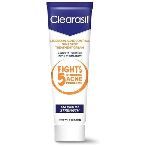 Clearasil Stubborn Acne Control 5 in 1 Spot Treatment Cream, Maximum Strength, Benzoyl Peroxide Acne Medication, Fights Blocked Pores, Pimple Size, Excess Oil, Acne Marks & Blackheads, 1 oz .