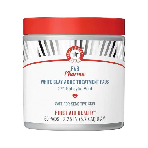 First Aid Beauty FAB Pharma White Clay Acne Treatment Pads 2 % Salicylic Acid, Treatment for Breakouts, Whiteheads, Blackheads and Acne