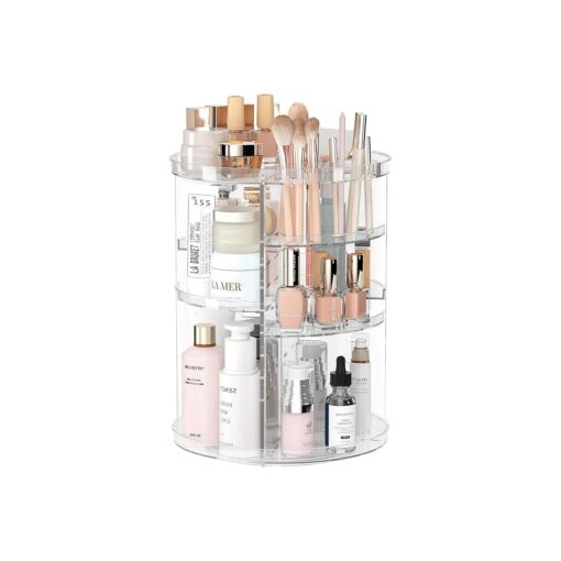 Rotating Makeup Organizer, DIY 8 Adjustable Layers Spinning Skincare Organizer, Cosmetic Display Case with Brush Holder Perfume Tray, Multi-Function Storage Carousel for Vanity Bathroom Countertop