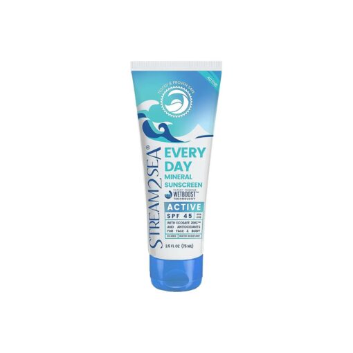 SPF 45 Every Day Active Mineral Sunscreen | 2.5 Fl Oz Biodegradable & Reef Safe Sunscreen for Face & Body | Non-Greasy, Lightweight & Sheer Mineral Protection Against UVA & UVB by Stream2Sea