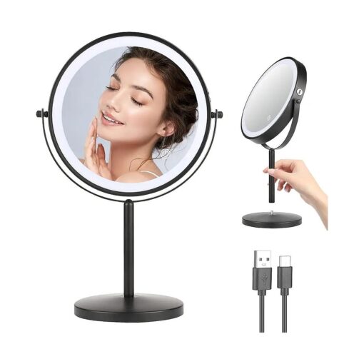 Desktop Magnifying Makeup Mirror with Lights, 8 inch Rechargeable Double Sided 1X/10X Vanity Mirror with 3 Colors, 360deg Smart Touch Brightness Adjustable Lighted Makeup Mirror-Black