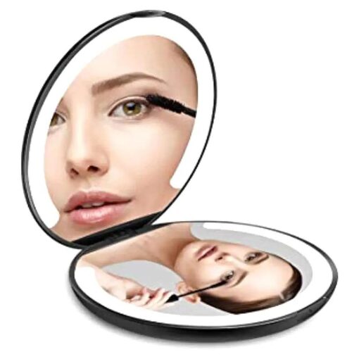 LED Lighted Travel Makeup Mirror Foldable, Dual Sided Vanity Mirror with Lights Portable Compact Illuminated Folding Tabletop Cosmetic Mirror, 1x/5x Magnifying Handheld Pocket Mirrors