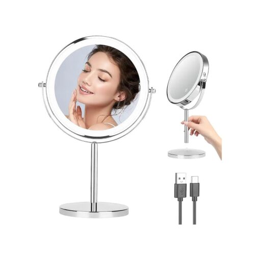 Desktop Magnifying Makeup Mirror with Lights, 8 inch Rechargeable Double Sided 1X/10X Vanity Mirror with 3 Colors Light, 360deg Smart Touch Lighted Makeup Mirror with Adjustable Brightness ( Chrome )