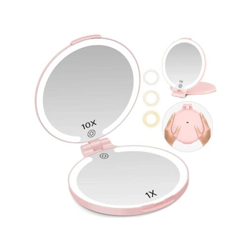 FUNTOUCH 7" Travel Makeup Mirror with Lights 10X Magnifying, Rechargeable Double Sided 3 Color Lighted Makeup Mirror for Travel Essential, Portable Light up Mirror with dimming, Gifts for Women, Pink