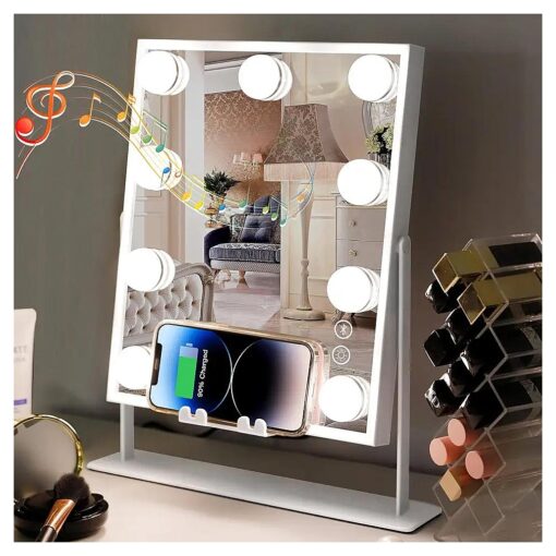 MISAVANITY Hollywood Vanity Mirror with Wireless Charging and Speaker Lighted Makeup Vanity Mirror with 9 Bulbs and 3 Color Lighting Modes Cosmetics Mirror Rotated ( White )