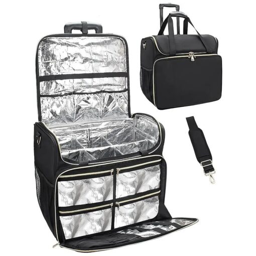 Professional Rolling Makeup Hairdressing Train Case, Cosmetics Beauty Hairdresser Shoulder Bag, Hair Makeup Salon Organizer Trolley Suitcase for Barber Insulation Material with Adjustable Divider