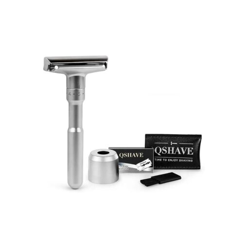 QSHAVE Premium Quality Adjustable Double Edge Safety Razor 700 ( 1 Razor, 1 Stand, 1 Leather Protective Sleeve & 5 pcs Titanium Coated Blades )