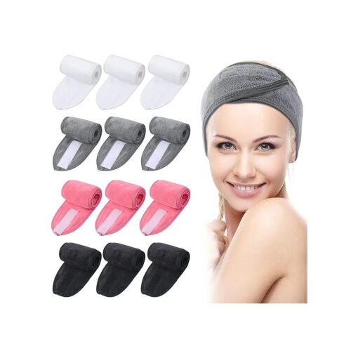 SINLAND Spa Headband for Women Adjustable Makeup Hair Band with Magic Tape, Head Wrap for Face Care, Makeup and Sports 12 Pack