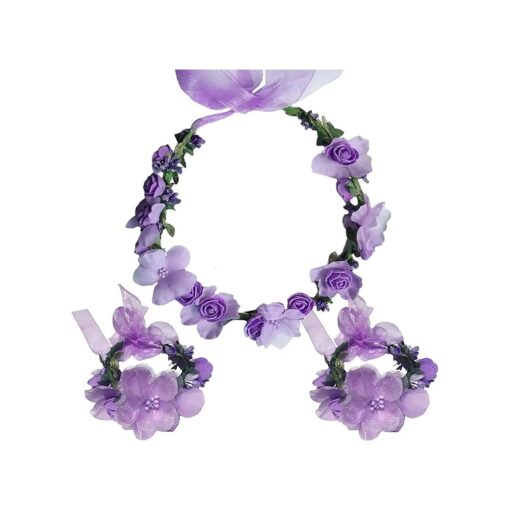 Flower Crown Headband Wristbands Rose Wreath Garland Hair Bands Wrist Bands Floral Wedding Bridal Hair Hoop Bracelet Women Leaf Ribbon Adjustable Handmade Rattan Vine Hair Accessories 3 Pack Purple