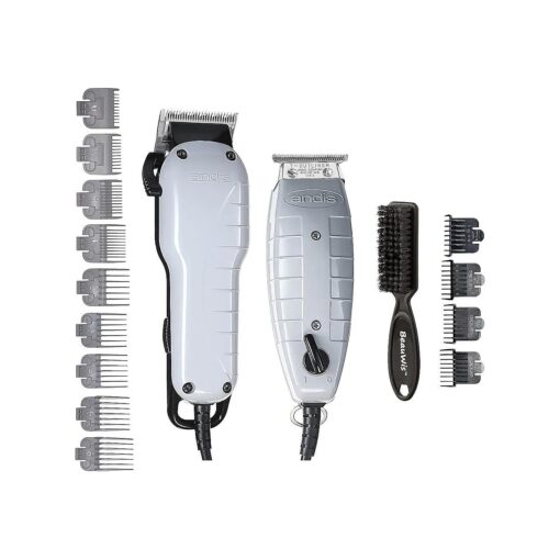 Andis Barber Combo-Powerful High-Speed Adjustable Clipper Blade & T-Outliner T-Blade Trimmer with fine Teeth for Dry Shaving, outlining and Fading with a BeauWis Blade Brush Included