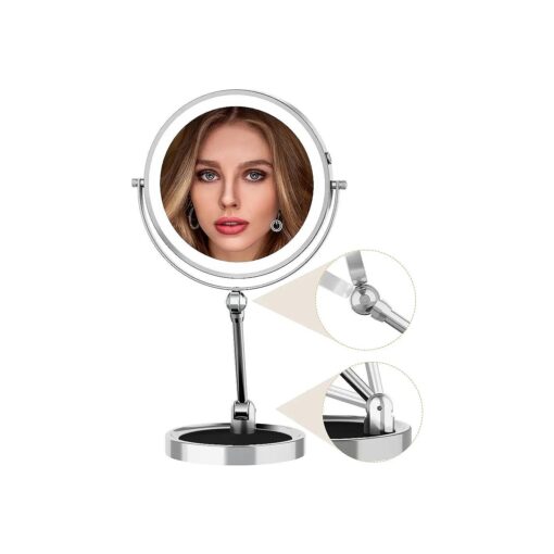 Lighted Makeup Mirror with 1X/10X Magnification, Height Adjustable & 3 Color Dimmable Lights 9" Rechargeable Vanity Mirror 360degSwivel Double Sided Tabletop Standing Mirror ( Chrome, 9INCH )