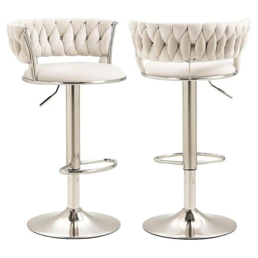 Velvet Swivel Bar Stools Set of 2, Adjustable Counter Height Bar Stool with Woven Back, Upholstered Dining Chairs, Modern Barstools for Kitchen Island, Cafe, Pub, Bar Counter ( Sliver Leg, Ivory )