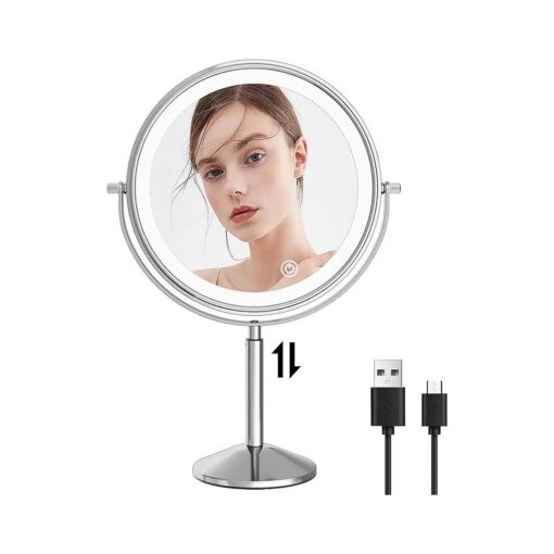 9" Large Lighted Makeup Vanity Mirror with 10X Magnification, Rechargeable Magnifying Makeup Vanity Mirror with Lights, 360deg Rotating Height Adjustable Cosmetic Mirror with 3 Color LED