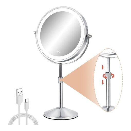 Makeup Mirror with Lights and Magnification, 8" Adjustable Height 1X/10X Magnifying Mirror with Light, LED 360deg Rotation Touch Screen Vanity Mirror, Cosmetic Light up Mirror for Women