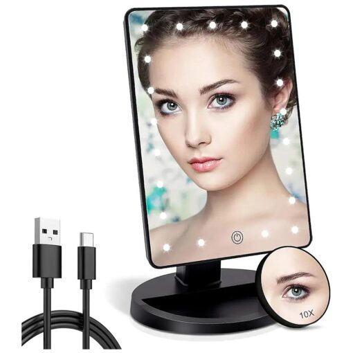 COSMIRROR Lighted Makeup Vanity Mirror with 10X Magnifying Mirror, 21 LED Lighted Mirror with Touch Sensor Dimming, 180degAdjustable Rotation, Dual Power Supply, Portable Cosmetic Mirror ( Black ) ...