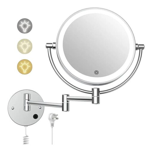 COSMIRROR Upgraded Wall Mounted Makeup Mirror with Lights - 8 Inch Lighted Magnifying Mirror, 10X Magnification, 3 Color Lights & Stepless Dimming, Plug-in AC Cord, 360degFree Rotation