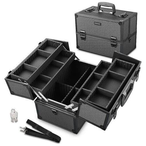 BYOOTIQUE Makeup Train Case Pro Adjustable 4 Sliding Trays Cosmetic Case Storage Organizer Box Lockable Compartments 14 Inch Salon Beauty Large, Black