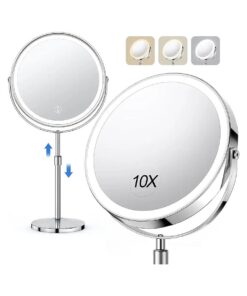 10x Large Lighted Makeup Mirror, Rechargeable 8" Height Adjustable Vanity Mirror, 1x/10x Magnifying Mirror with 3 Color, Brightness Adjustable, 360deg Rotation Double Sided Mirror, Gift for Women