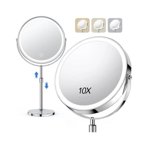 10x Large Lighted Makeup Mirror, Rechargeable 8" Height Adjustable Vanity Mirror, 1x/10x Magnifying Mirror with 3 Color, Brightness Adjustable, 360deg Rotation Double Sided Mirror, Gift for Women