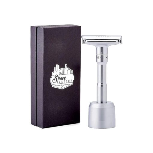 SHAVE FACTORY Adjustable Safety Razor, Matte and Base Stand