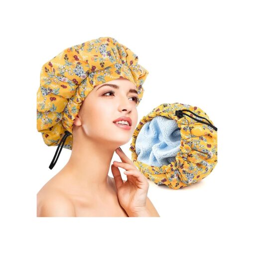 Luxury Shower Cap for Women, Waterproof Reusable Shower Caps Double Layers Microfiber Terry Lined with Dry Hair Function, Extra Large for Long Hair, Adjustable for Most Heads Size