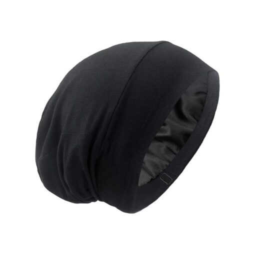 Silky Satin Lined Bonnet Sleep Cap - Adjustable Stay on All Night Hair Wrap Cover Slouchy Beanie for Curly Protection Women and Men Solid Black