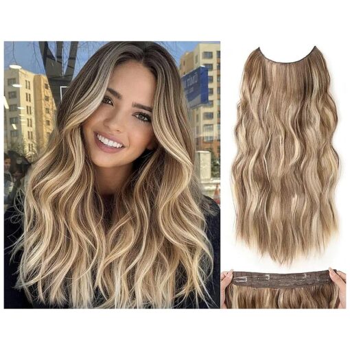 Invisible Wire Hair Extensions 20 Inch Clip in Hair Extensions Adjustable Size Long Wave Hair Extensions with 4 Secure Clips for Women ( 20 Inch, 130H132-Ash Brown Cinnamon with Blonde )