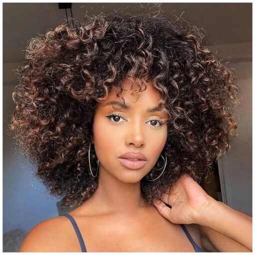 Curly Wigs for Women, 14 Inches Soft Curly Afro Wigs With Bangs, Synthetic Ombre Brown Curly Wigs, Curly Full Wig for Women ( 2T33 Ombre Brown )